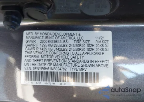 2022 Honda Pilot Touring 7-Passenger z USA, uszkodzony, nr VIN 5FNYF6H61NB024782